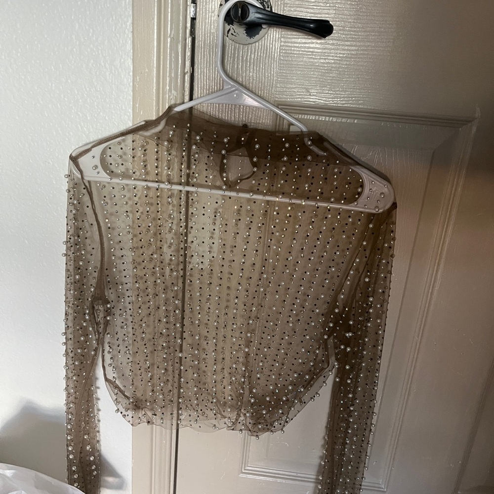 Endless Blu Rhinestone Pearl Mock Neck Long Sleeve Mesh Top QT8481 Size M - Picture 3 of 11